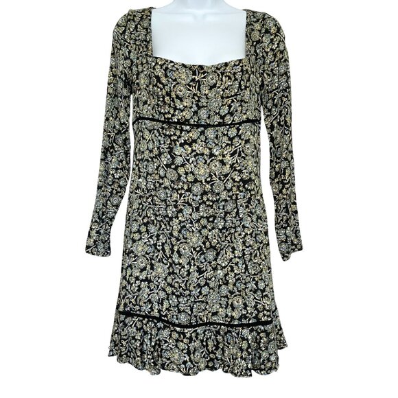 Free People Boheme Mini Dress Womens Size 4 Black Combo Long Sleeve Boho Ruffle - Picture 2 of 14